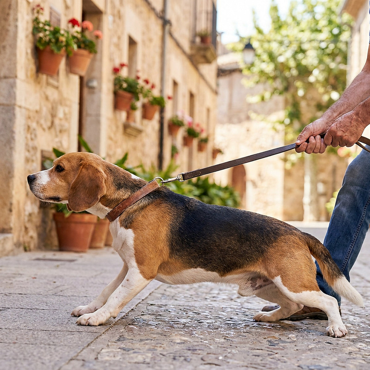 Beagle tirando de la correa con collar